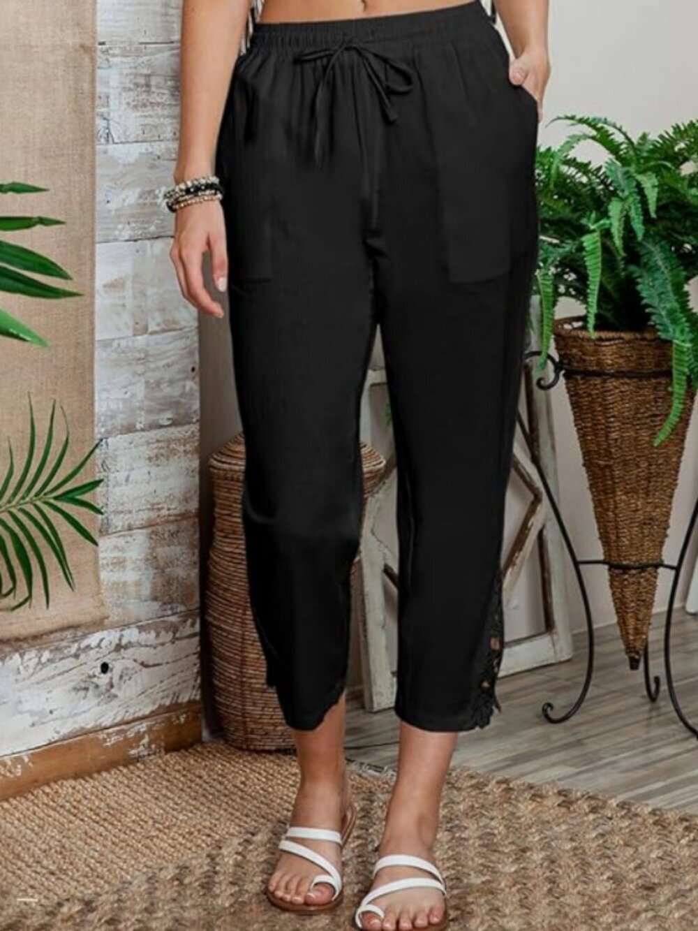 Black Drawstring Pants Women’s Large Lightweight Elastic Waist Cropped Lace Hem